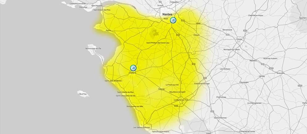 Carte des interventions de travaux d'électricien en Loire-Atlantique et Vendée
